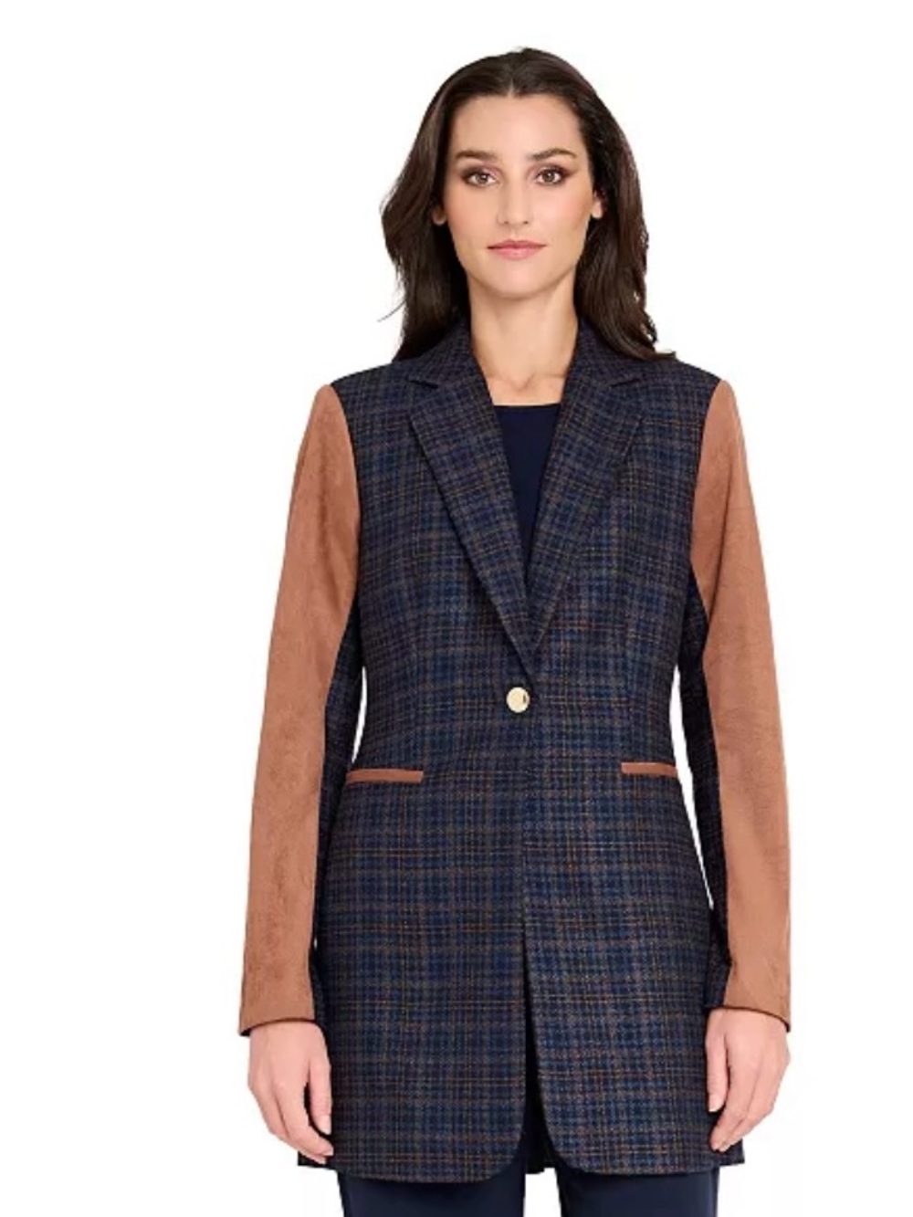 Tahari ASL Women's Mixed Media Plaid One-Button Jacket NWT
